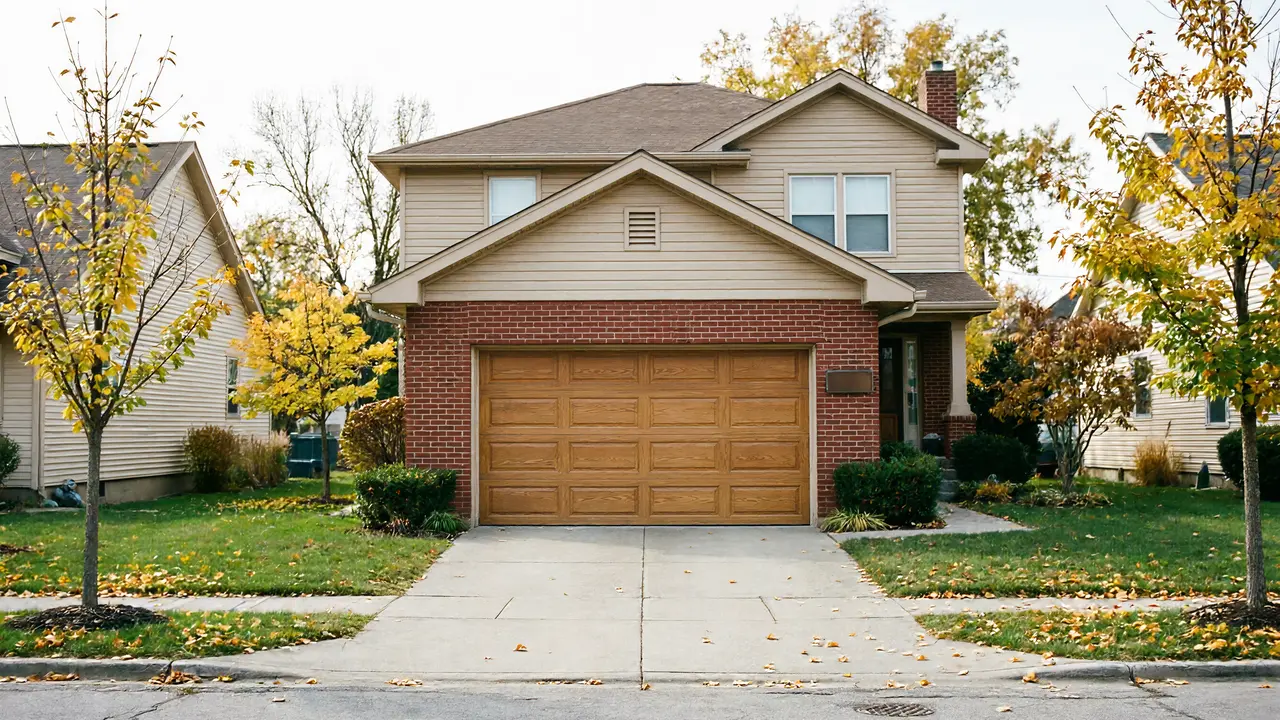 The house has a brown garage door, red brick, and tan siding.