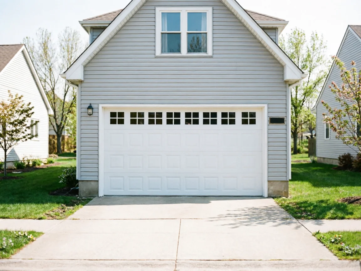The house has light gray siding and a white garage door with windows.