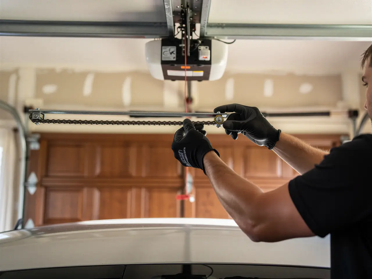 A technician in black gloves adjusts the chain of a garage door opener.